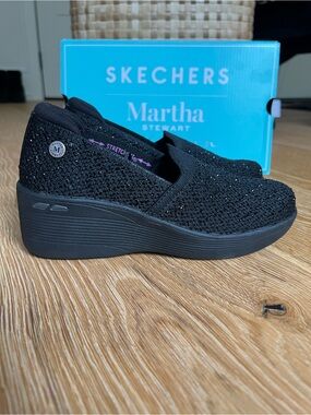 Martha Stewart Black Knit Slip-On Wedge Sneakers with Subtle Sparkle